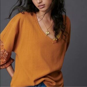 By Anthropologie Annette Waffle Knit Floral Sleeve top size Large